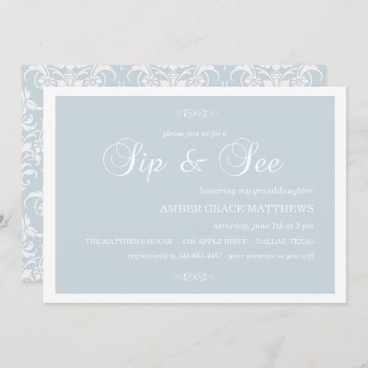 Blauer und weißer Damast Sip und Einladung sehen (Vorne/Hinten)