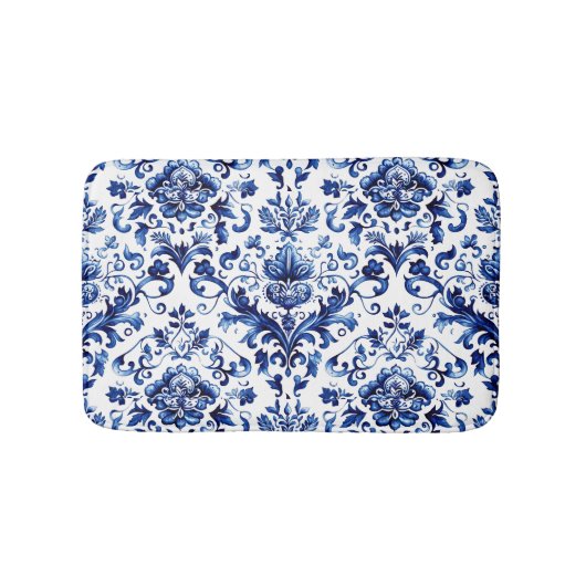 Blauer und weißer Delft-Stil Blumenmuster Badematte (Vorderseite)