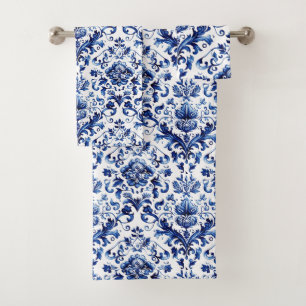 Blauer und weißer Delft-Stil Blumenmuster Badhandtuch Set
