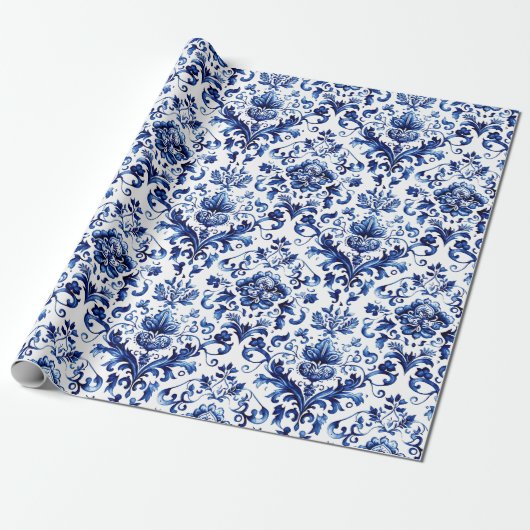 Blauer und weißer Delft-Stil Blumenmuster Geschenkpapier (Ungerollt)