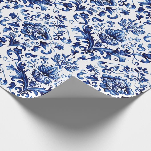 Blauer und weißer Delft-Stil Blumenmuster Geschenkpapier (Ecke)