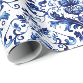 Blauer und weißer Delft-Stil Blumenmuster Geschenkpapier (Rolleneckpunkt)