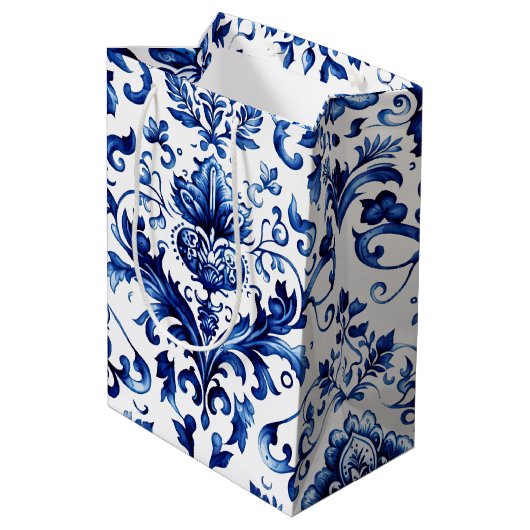 Blauer und weißer Delft-Stil Blumenmuster Mittlere Geschenktüte (Rückseite Schrägansicht)