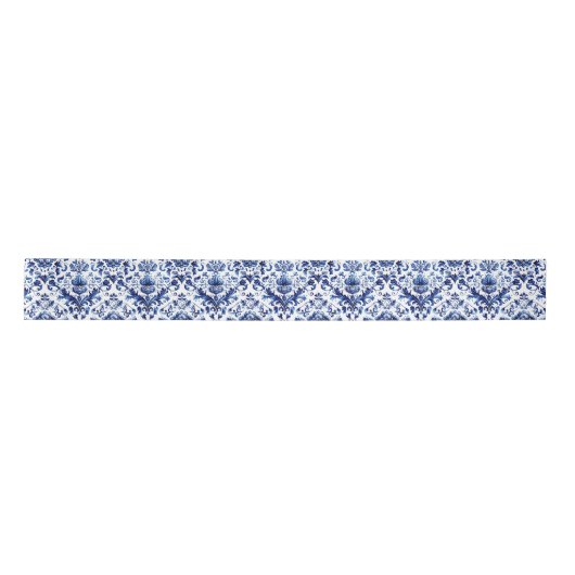 Blauer und weißer Delft-Stil Blumenmuster Satinband (Vorderseite)