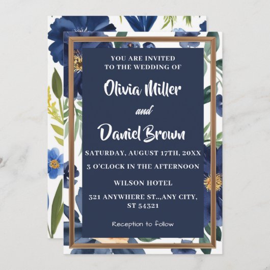 Blauer und weißer Elegant Hochzeit der Blumen Einladung (Vorne/Hinten)