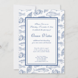 Blauer und weißer Fisch und Krebse Elegantes Küste Einladung
