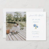 Blauer und weißer Foto Floral Hydrangea Save The Date (Vorderseite)
