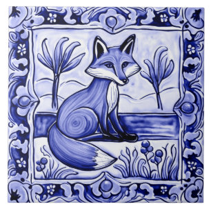 Blauer und Weißer Fuchs Mediterrane Volkskunst Tie Fliese