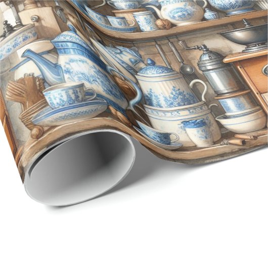 Blauer und weißer Geschirr aus der Antike Geschenkpapier (Rolleneckpunkt)