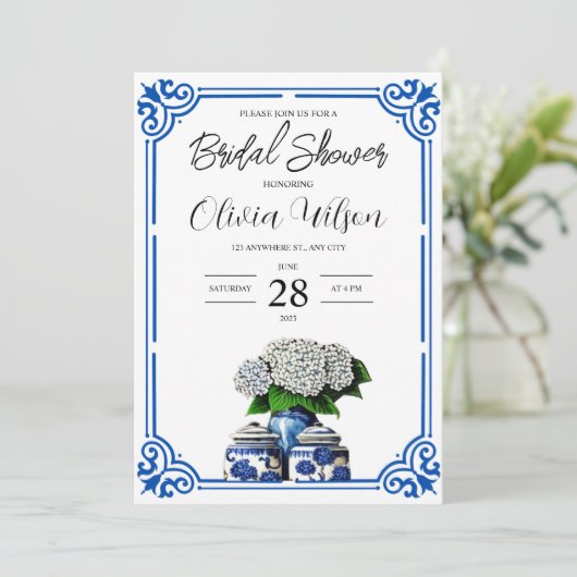 Blauer und weißer Ginger Jar Bridal Dusche Einladu Einladung (Stehend Vorderseite)