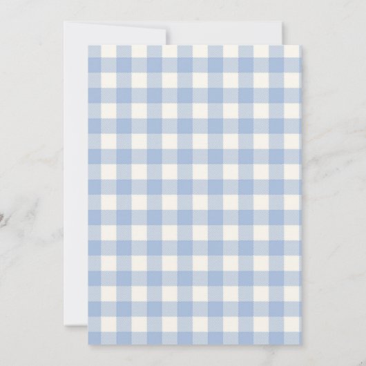 Blauer und weißer Gingham Baby Dusche Einladung (Rückseite)