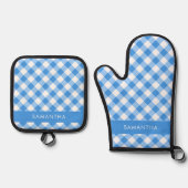 Blauer und weißer Gingham Bauernhof Personalisiert Ofenhandschuh & Topflappen-Set (Vorderseite)