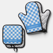Blauer und weißer Gingham Bauernhof Personalisiert Ofenhandschuh & Topflappen-Set (Vorderseite/Rückseite)
