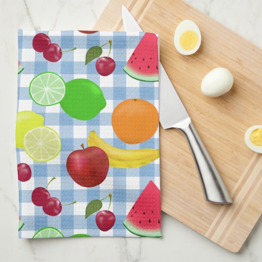 Blauer und weißer Gingham Karo Obst Geschirrtuch (Viertel Falte)