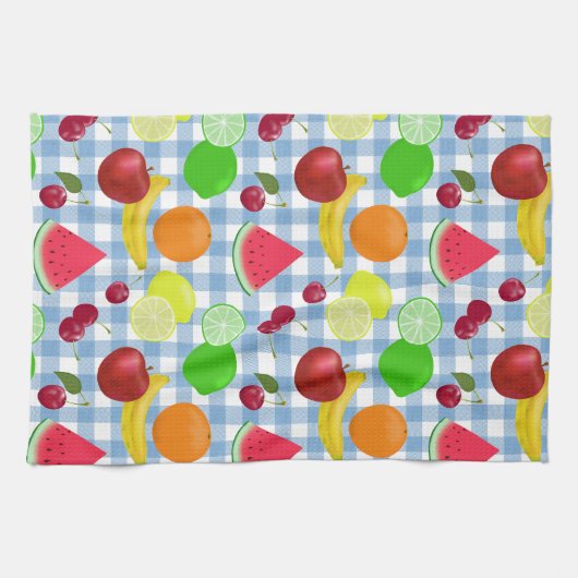 Blauer und weißer Gingham Karo Obst Geschirrtuch (Horizontal)