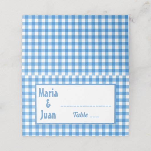 Blauer und weißer Gingham Rahmen Hochzeit Platzkarte (Außenseite Aufgefaltet)