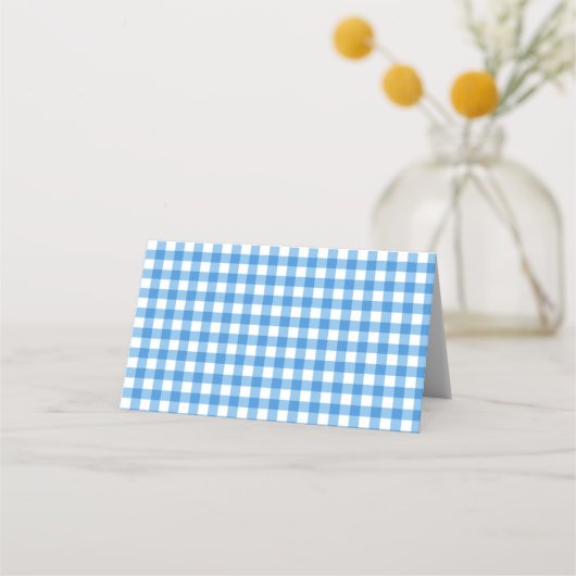 Blauer und weißer Gingham Rahmen Hochzeit Platzkarte (Rückseite)