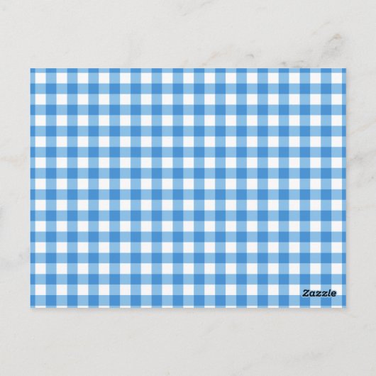 Blauer und weißer Gingham-Rahmen Rett-the-Date Postkarte (Rückseite)