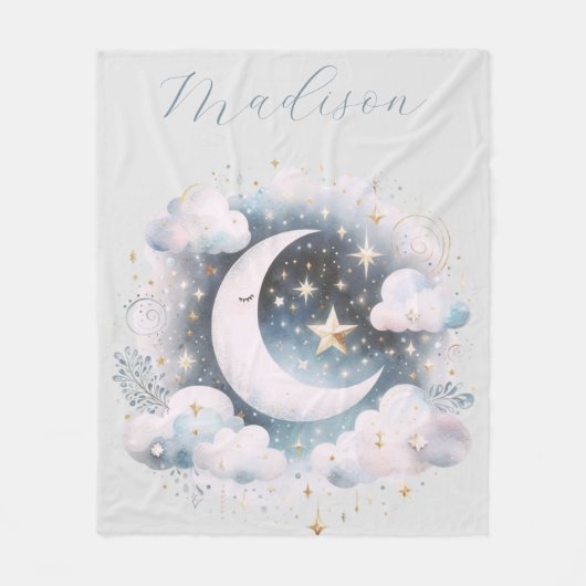 Blauer und weißer Halbmond, himmlisch, Boho modern Fleecedecke (Vorderseite)