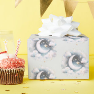 Blauer und weißer Halbmond, himmlisch, Boho modern Geschenkpapier