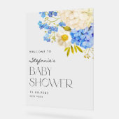 Blauer und weißer Hydrangeas Babydusche Empfang Acrylschild (Winkel)