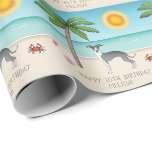 Blauer und weißer Iggy-Hund an einem tropischen So Geschenkpapier