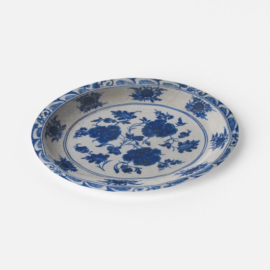 Blauer und weißer Imitatporzellan Chinese Pappteller (Schrägansicht)