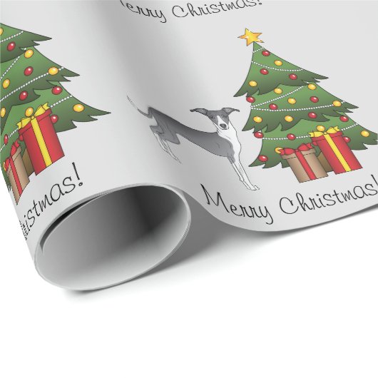 Blauer und weißer italienischer Grauthund & Weihna Geschenkpapier (Rolleneckpunkt)