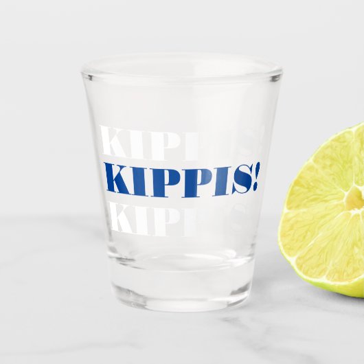 Blauer und weißer Kippis-Schuss Schnapsglas (Vorderseite)