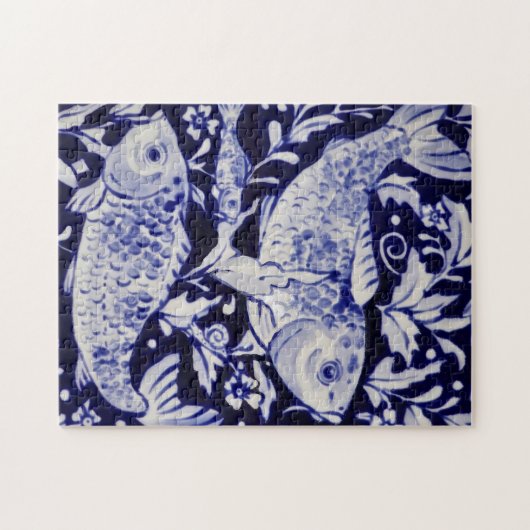 Blauer und weißer Koi Fisch Schwieriges Jigsaw Puz Puzzle (Horizontal)