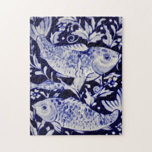 Blauer und weißer Koi Fisch Schwieriges Jigsaw Puz Puzzle