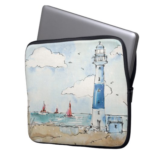 Blauer und weißer Leuchtturm Laptopschutzhülle (Vorderseite Links)