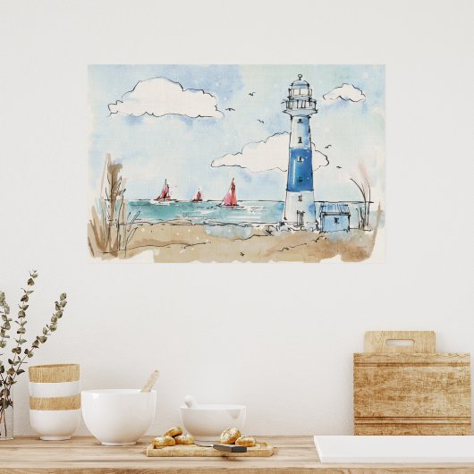 Blauer und weißer Leuchtturm Poster (Küche)
