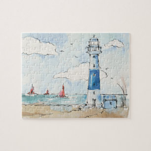 Blauer und weißer Leuchtturm Puzzle