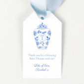 Blauer und weißer Monogram Ginger Jar Baby Dusche Geschenkanhänger