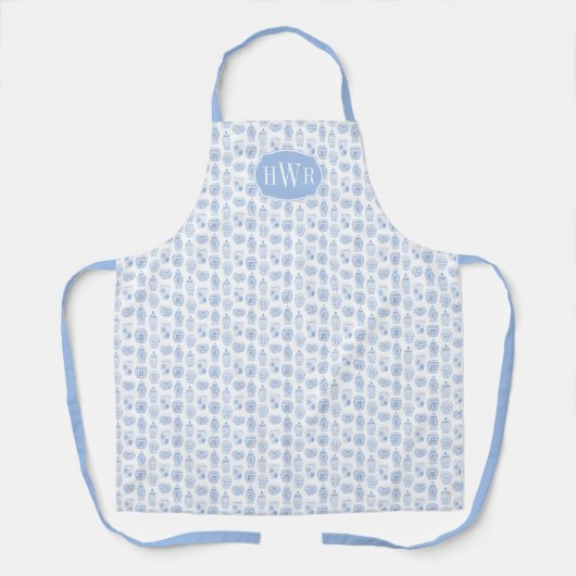 Blauer und weißer Monogramm-Ginger-Jar-Hochzeitsge Schürze (Vorderseite)