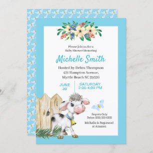 Blauer und weißer Niedlicher Kuhblütendusche Einladung