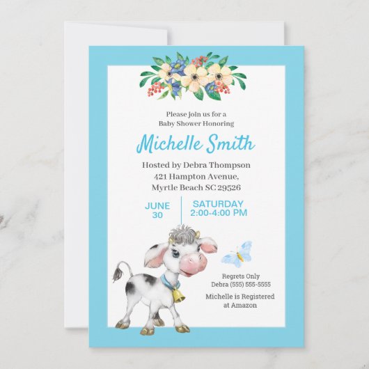 Blauer und weißer Niedlicher Kuhblütenduschkopf Einladung (Vorderseite)