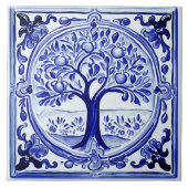 Blauer und weißer Obstbaum Mediterrane Folklorekun Fliese (Vorderseite)