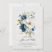 Blauer und weißer Painterly Floral Wedding Einladung (Vorderseite)