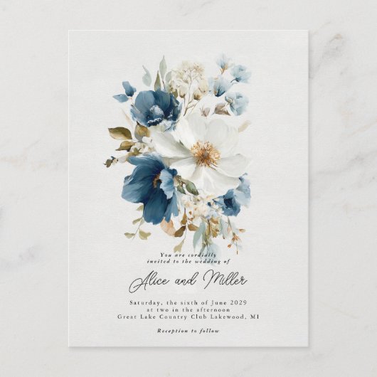 Blauer und weißer Painterly Floral Wedding Postkarte (Vorderseite)