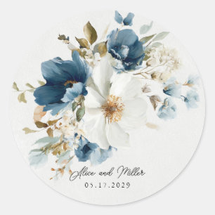 Blauer und weißer Painterly Floral Wedding Runder Aufkleber