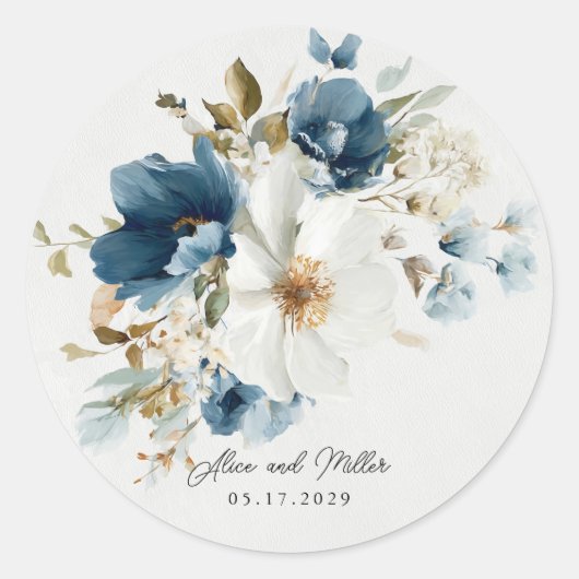 Blauer und weißer Painterly Floral Wedding Runder Aufkleber (Vorderseite)