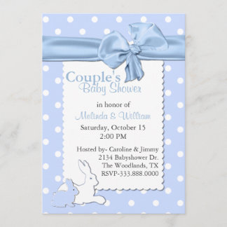 Blauer und weißer Polka mit Kaninchen-Babydusche Einladung