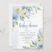 Blauer und weißer Rose Blütengoldfolie Kinderdusch Einladung (Vorderseite)