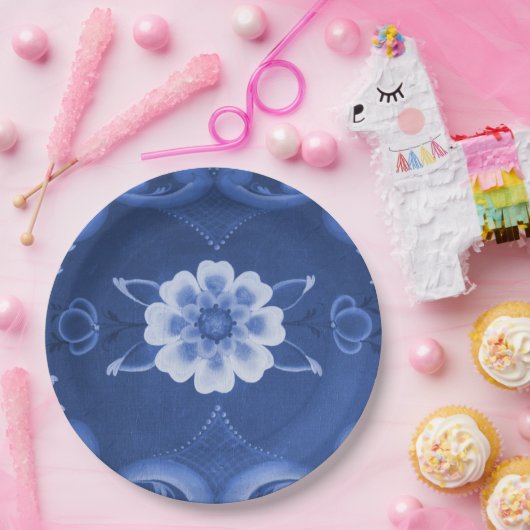 Blauer und weißer Rosemaling PapierTeller (Party)