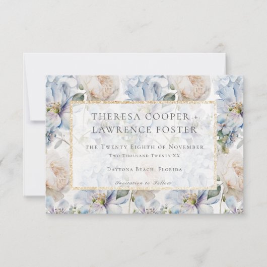 Blauer und weißer, rustikaler goldfarbener Rahmen Save The Date (Rückseite)