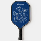 Blauer und weißer Schmetterling in Wildblumen Mono Pickleball Schläger (Rückseite)
