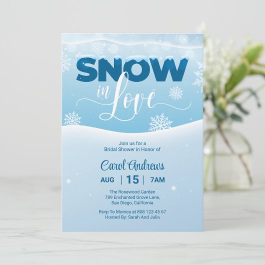 Blauer und weißer Schnee in der Liebe Brautparty Einladung (Stehend Vorderseite)
