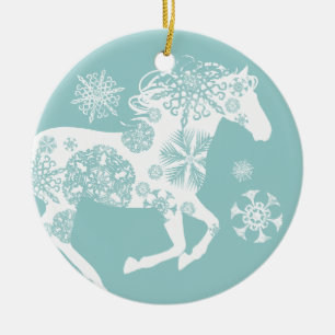 Blauer und weißer Schneeflocken Weihnachtspferd Keramik Ornament